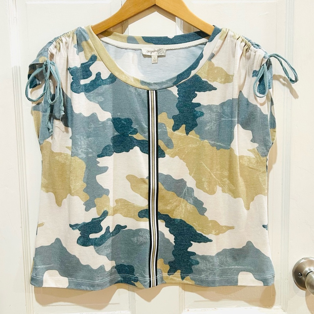 Mystree Camo Crop Top Drawstring Sleeves Urban Streetwear 90s Y2K Style Size S